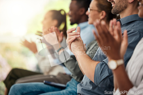Image of Business people applause in conference audience, crowd and tradeshow workshop for, training, motivation and presentation. Employee team clapping hands for success, seminar event and support meeting