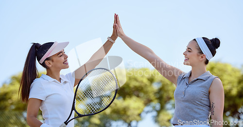 Image of Sports, team high five and tennis friends happy after game win, competition goals or celebrate fitness partnership success. Support, winner and teamwork celebration for exercise, workout or training