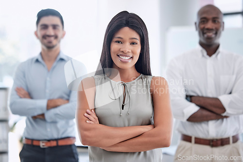 Image of Black woman in business, team leader in office with staff and confident corporate portrait in Toronto company. Employee success management, we are hiring diversity group and hr onboarding workers