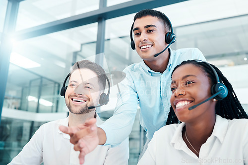 Image of Call center, manager and new employees training, coaching and advice for customer service, work process and smile in office. Team leader, coach and teaching junior consultants telemarketing system.
