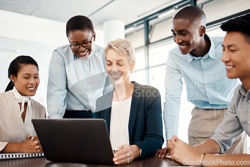 Image of Business people, laptop and team in meeting, diversity with communication and technology for planning and strategy at finance company. Business, online data and collaboration for financial project.