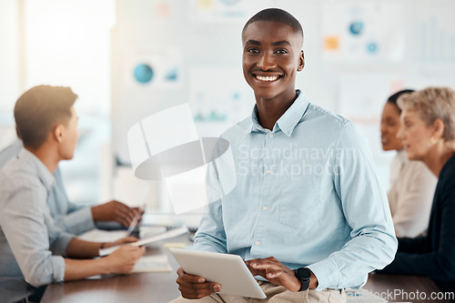 Image of Black man, business and leadership, presentation with tablet and team meeting portrait for project planning and strategy. Leader, corporate and collaboration, businessman with technology and speaker.