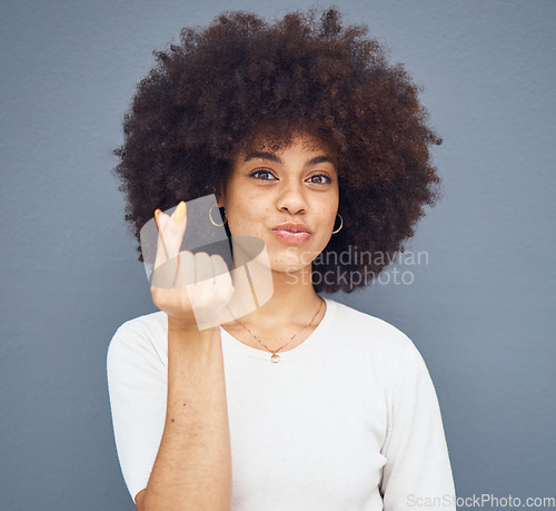 Image of Happy, mini heart and portrait of black woman for love, smile and affectionate sign. Valentines day, feeling or kpop crossing finger gesture with girl model for cute, sweet or romantic emotion symbol