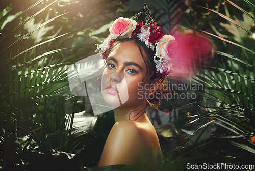 Image of Flower, crown and woman in studio for makeup, beauty and skincare with plant, leaf and wellness. Portrait, skin and rose by girl model relax for creative, jungle and floral aesthetic, eco and product