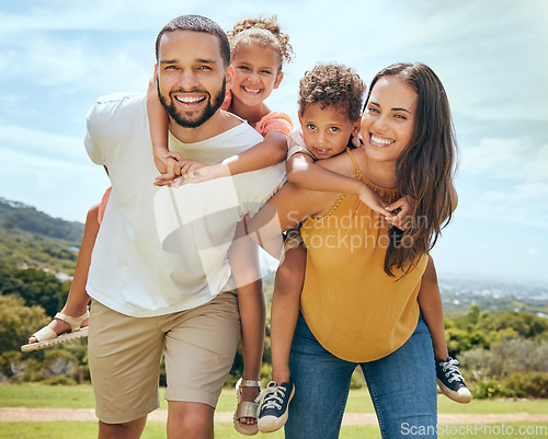 Image of Happy family, mother and father with children on back in a nature park for bonding and relaxing in summer. Smile, mom an dad love enjoying quality time with siblings or kids outdoors for fresh air