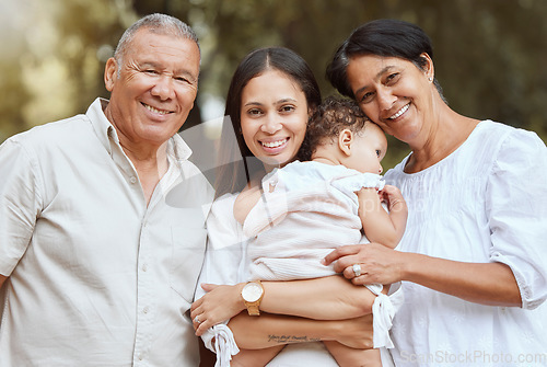 Image of Family portrait, happy grandparents and newborn baby mother with smile together, happiness and proud. Black family outdoor, infant child with mama, grandmother and grandfather in home backyard