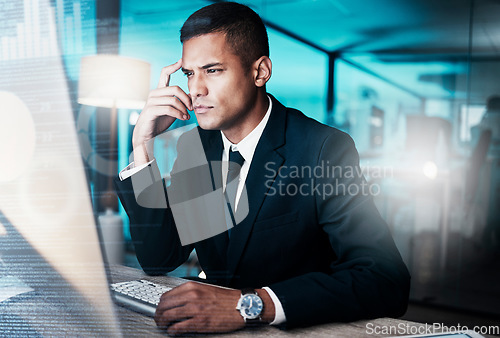 Image of Overlay, thinking and analytics with a businessman working on a computer in a startup office at night. Research, idea and trading technology with a male entrepreneur at work on a desktop in a company