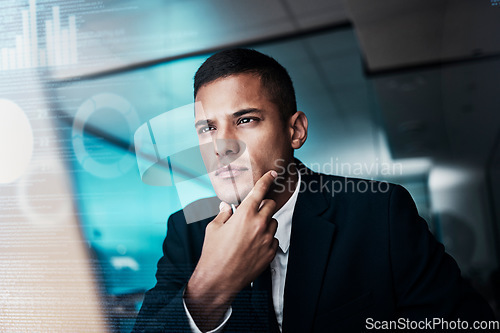 Image of Cyber security man, digital transformation or computer coding for thinking web design engineer working on seo software or database. Infographic abstract, data analysis or futuristic 3D on technology