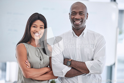 Image of Businessman, black woman or arms crossed in creative office, marketing or advertising company and leadership, power or target goals. Portrait, smile or happy teamwork collaboration in success mindset