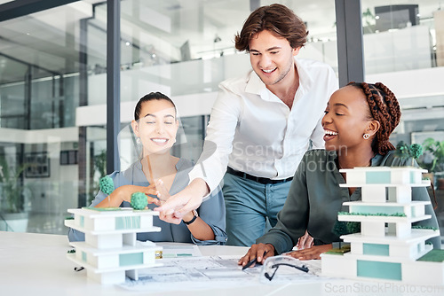 Image of Architecture, building engineering or designers and 3d model, construction or real estate structure ideas in teamwork collaboration. Smile, happy or blueprint planning for talking property developers