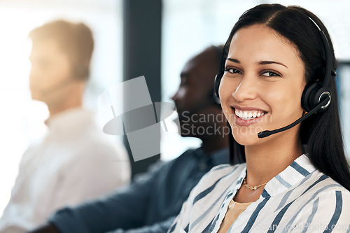 Image of Telemarketing, customer support, and woman online help worker consulting on an office online call. Portrait of a happy call center and crm employee with headset working on a customer service job