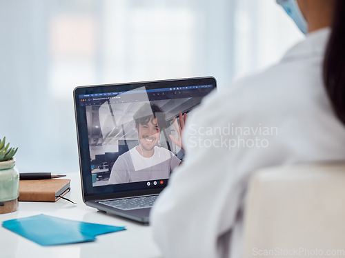 Image of Video call, covid telehealth and patient on laptop screen with doctor in healthcare consultation, virtual support or advice. Zoom call, pc technology and medical worker consulting man in corona virus