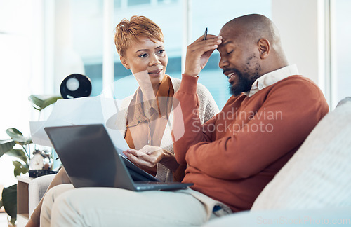 Image of Mature couple, debt and money stress, laptop admin and budget documents, finance anxiety and inflation, savings or tax problem at home. Headache man, frustrated woman and black people bankruptcy risk