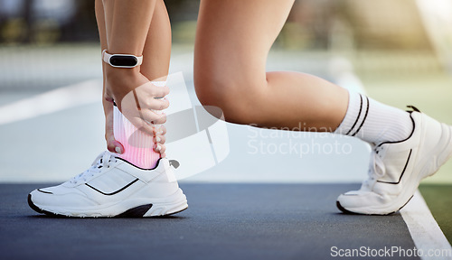 Image of Woman, ankle pain and fitness injury during healthy fitness workout or sport lifestyle training in park. Medical emergency, running accident and girl hurt muscle or inflamation in cardio exercise