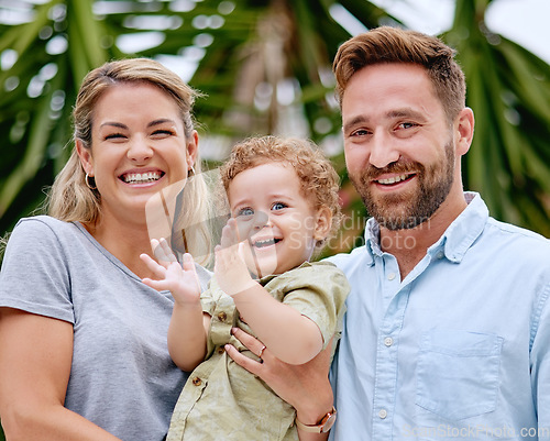 Image of Family, baby and fun for love, bond and care in the garden outside. Happy parents bonding with their son in the park with loving, caring and affection. Kids, summer and mother and father together