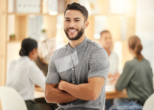 Image of Portrait, businessman and arms crossed in office or meeting with smile. Leadership, vision and happy male manager, ceo or company leader with goals, targets and success mindset in corporate workplace