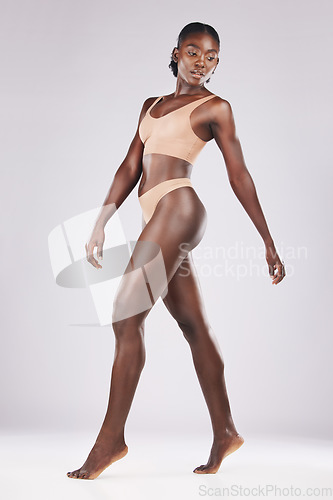 Image of Fitness, model and black woman in studio for wellness, diet and exercise, body and skincare on white background mock up. Beauty, woman and girl in lingerie pose, healthy and full length figure mockup