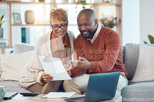 Image of Finance, paperwork and happy black couple on sofa check bank account, financial statements and report. Budget, saving and middle aged man and woman do online banking on laptop with documents at home