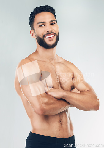 Image of Man, nude fitness portrait and healthcare wellness for body care motivation lifestyle. Young naked sports person, healthy beauty model and exercise bodybuilding training in white background studio