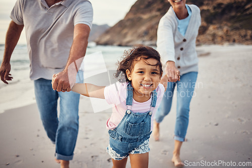 Image of Family, beach and grandparents holding hands of girl on vacation, holiday or summer trip. Love, care and grandma, grandpa and happy kid enjoying quality time together, bonding and running on seashore