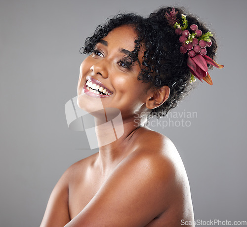 Image of Black woman, beauty skincare smile with healthy happy glow on body and cosmetics face against studio wall. Makeup model girl, natural shine on skin wellness and health with dark background in Atlanta