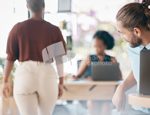 Image of Black woman, businessman and sexual harassment with predator behavior in office. Womens rights, discrimination and inappropriate sexual conduct in workplace, dignity and justice for women in business