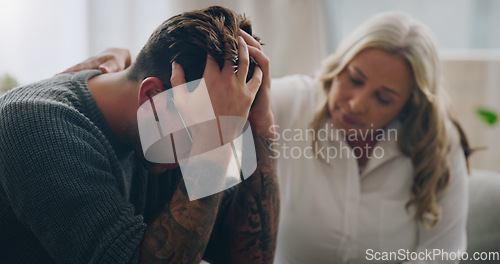 Image of Sad, stress and depression people in therapy for mental health support, empathy and professional help of woman giving advice or listening to problem. Depressed, anxiety and cry man with psychologist