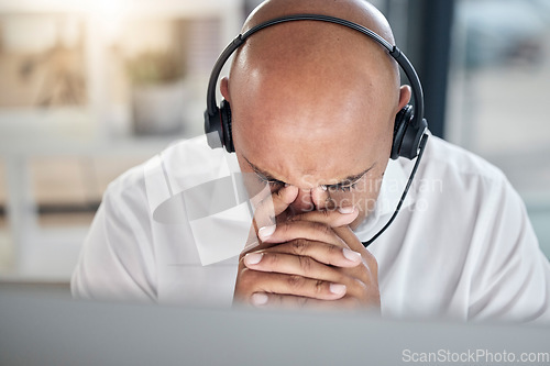 Image of Burnout call center or consultant black man with headache for 404 computer error, financial stress or customer service with anxiety. Mental health, depression or sad fatigue hotline male employee