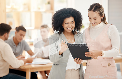 Image of Interior design, teamwork and happy employees planning a creative brand identity and artistic ideas together. Smile, collaboration and young workers in a designers group meeting for innovation goals