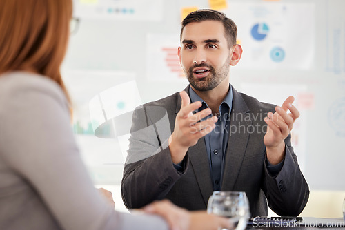 Image of Business meeting, presentation and corporate man talking about company office strategy. Working, talking and teaching marketing manager and ceo with work communication and advertising planning