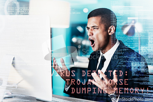 Image of Businessman, angry and computer with virus, glitch or 404 error while working in a office with overlay or double exposure. Corporate employee upset with mistake, pc problem or stress with technology