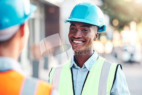 Image of Construction, black man and architect talking, happy and conversation for collaboration project. Engineer, business and employee have discussion for strategy for building, architecture and coworker.