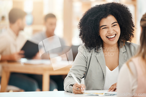 Image of Happy black woman writing notes in office meeting, planning and strategy development with business motivation, happiness and mission for goals. Smile young business professional conversation at desk