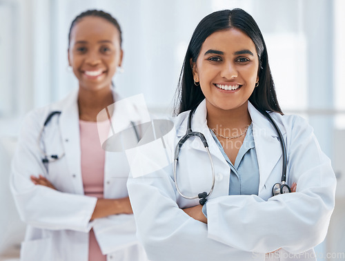 Image of Leadership, teamwork and women doctors in partnership at hospital, proud, happy and excited for medical innovation. Health, team and portrait with support, collaboration and trust in healthcare work