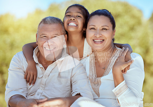 Image of Family, grandparents and girl portrait in nature with smile of grandmother, grandfather and child. Retirement, asian family and care of cute kid in Malaysia with joyful senior grandma and grandpa.