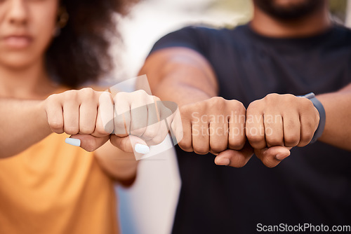 Image of Power, fist and protest against racism, solidarity and support equality for youth to stand together. Black man, African American woman and students with hands for justice, diversity and social change