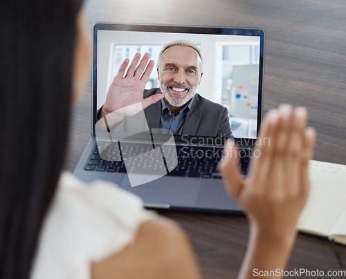 Image of Video call, virtual business meeting and wave hand using laptop for online streaming connection for employees working worldwide. 5g network wifi, ceo leadership and corporate boss talking with staff
