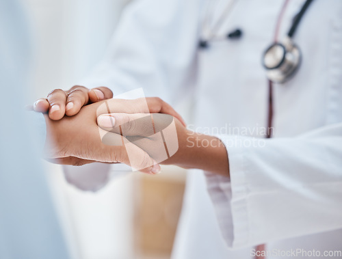 Image of Help, healthcare or doctor holding hands with patient zoom for support, trust or communication for cancer result. Medical, medicine or insurance consulting for health, wellness or heart problem news