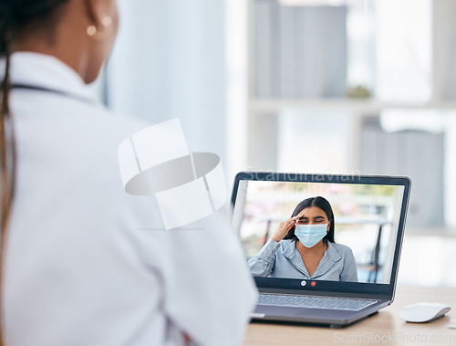 Image of Covid, video call and remote work with a woman patient on a laptop screen meeting with her doctor online. Healthcare, medicine and corona with a female and health professional virtual consulting