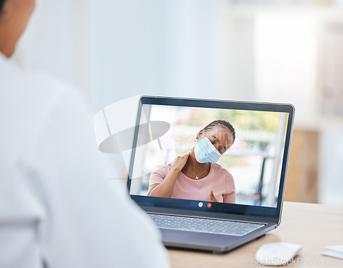Image of Doctor, laptop and video call with patient, neck pain and covid mask in online consultation in office. Healthcare professional with internet communication with woman patient, injury or medical advice