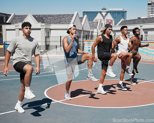 Image of Basketball, stretching and team training before fitness, exercise and speed performance at basketball court. Workout, basketball players and stretch warm up by men group preparing body for endurance