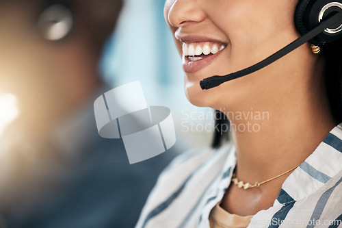 Image of Call center, smile and woman networking in a telemarketing insurance, fintech and loan business or company. Contact us, microphone and happy worker talking, conversation and speaking to a client