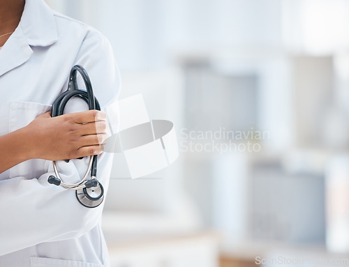 Image of Doctor hand, stethoscope and hospital employee ready for healthcare and clinic work with mock up. Nurse, health and wellness worker with mockup in a insurance medical cardiology and nursing office