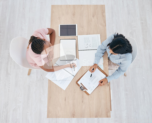 Image of Top view, documents and teamwork of business people in office. Marketing, diversity and employees with clipboard, checklist and books brainstorming sales growth ideas, planning and solving problems.