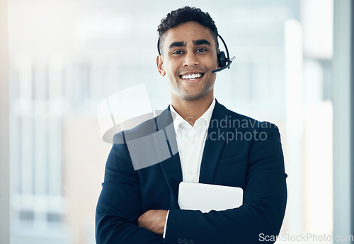 Image of Call center, portrait and crm worker in management with a tablet at a telemarketing company with a smile. Support, customer service and happy employee with tech for online consulting and arms crossed