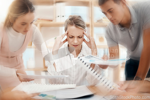 Image of Stress, headache or manager with businesspeople pressure, paper data analysis or documents research review in marketing office. Dizzy, anxiety or burnout woman overwhelmed with intern kpi management