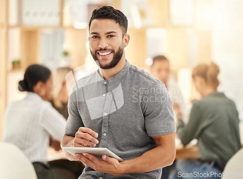 Image of Web design, meeting and portrait of businessman with tablet in hand, standing in office. Success, technology and man smiling, using digital notebook and working online in business meeting with team