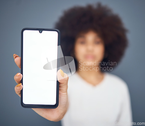 Image of Digital, mockup and phone with hands of black woman for technology, website and internet. Social media, ecommerce and app with empty screen of mobile and customer for advertising, design or marketing