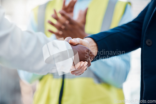 Image of Handshake, success deal or partnership for construction worker, building engineer or architect finance, sales or investment funding. Zoom, men or architecture woman in agreement on real estate goals