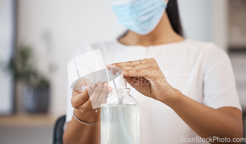 Image of Covid, hands and woman with sanitizer to clean, disinfect and prevent covid 19. Hygiene, disinfection and girl with face mask and bottle of antibacterial alcohol gel for bacteria, germs and sickness